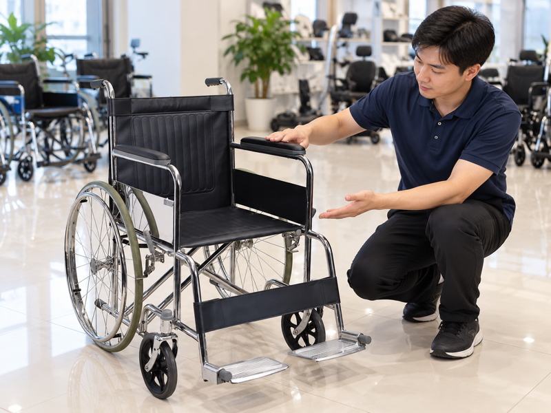 Illustrative showroom review of padded arm supports on a manual wheelchair