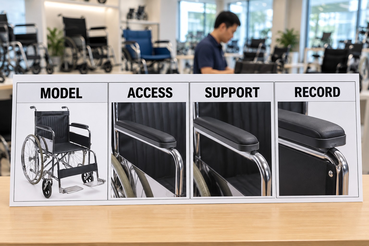 Photoreal armrest-review chart showing model, access, support and record stages