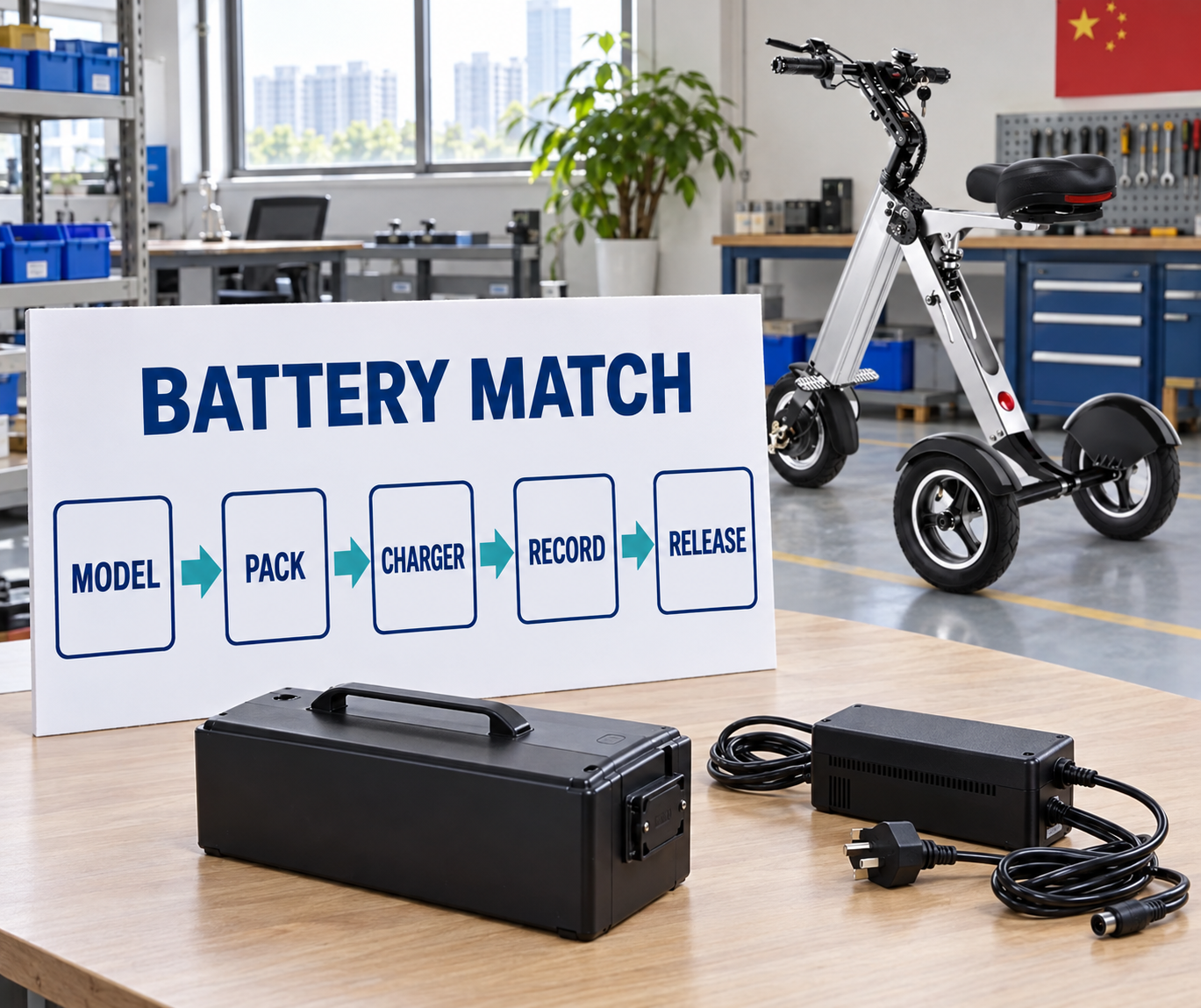 Mobility scooter battery matching chart showing model, pack, charger, record and release