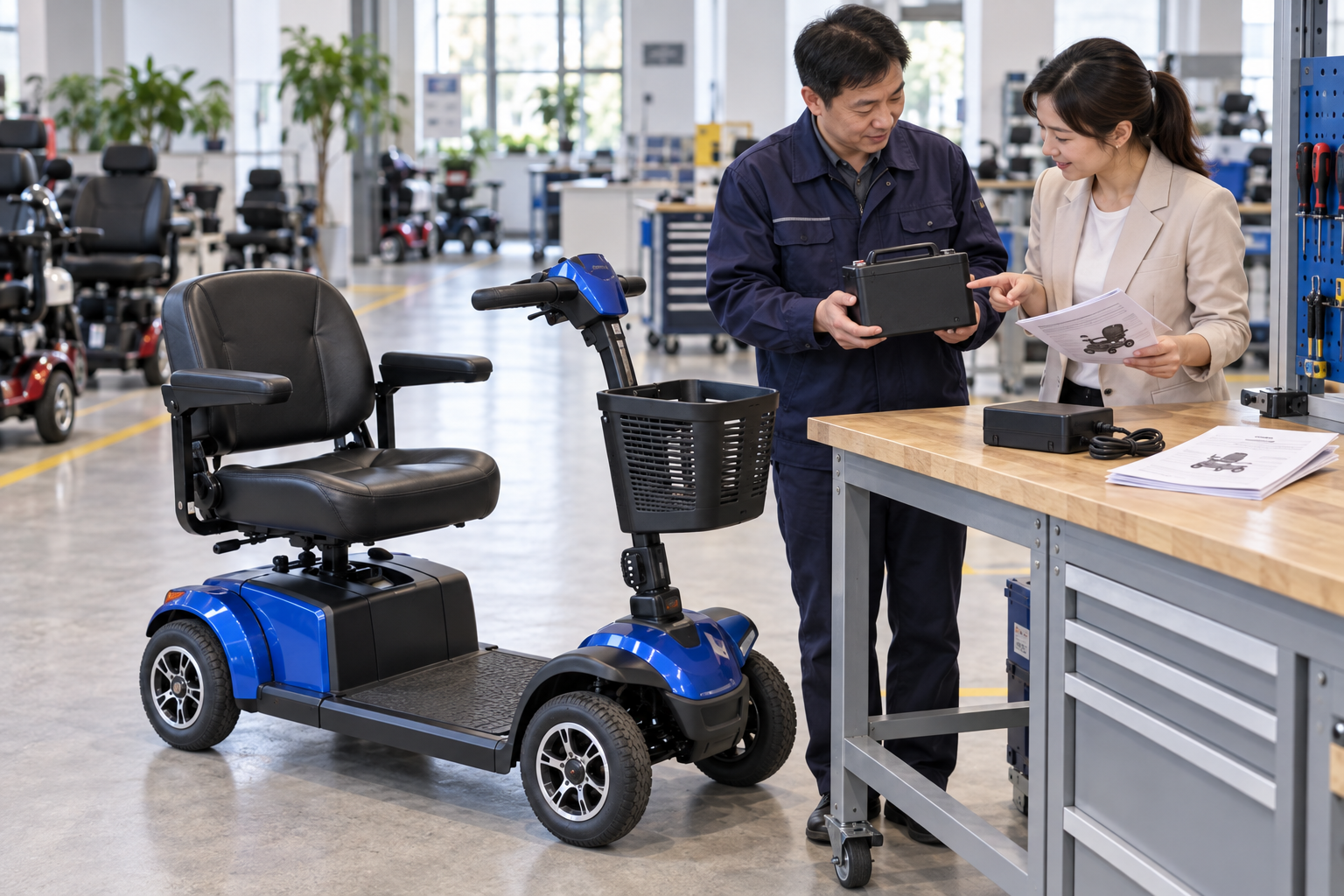 Illustrative battery and charger information review beside a four-wheel scooter