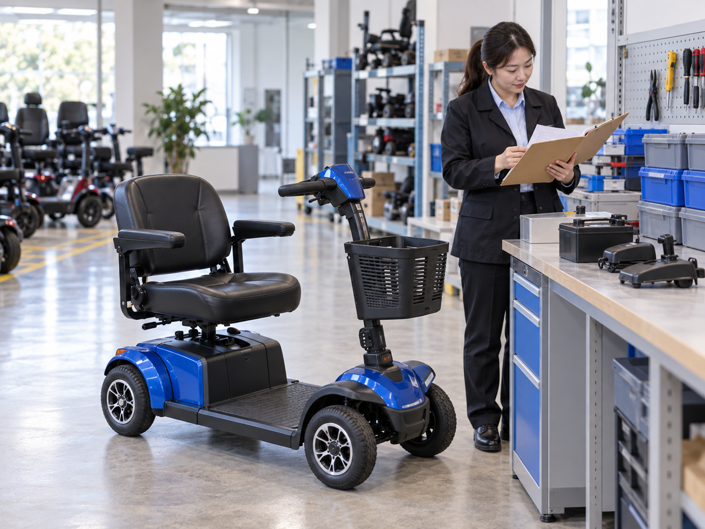 Illustrative service-parts discussion beside a four-wheel scooter