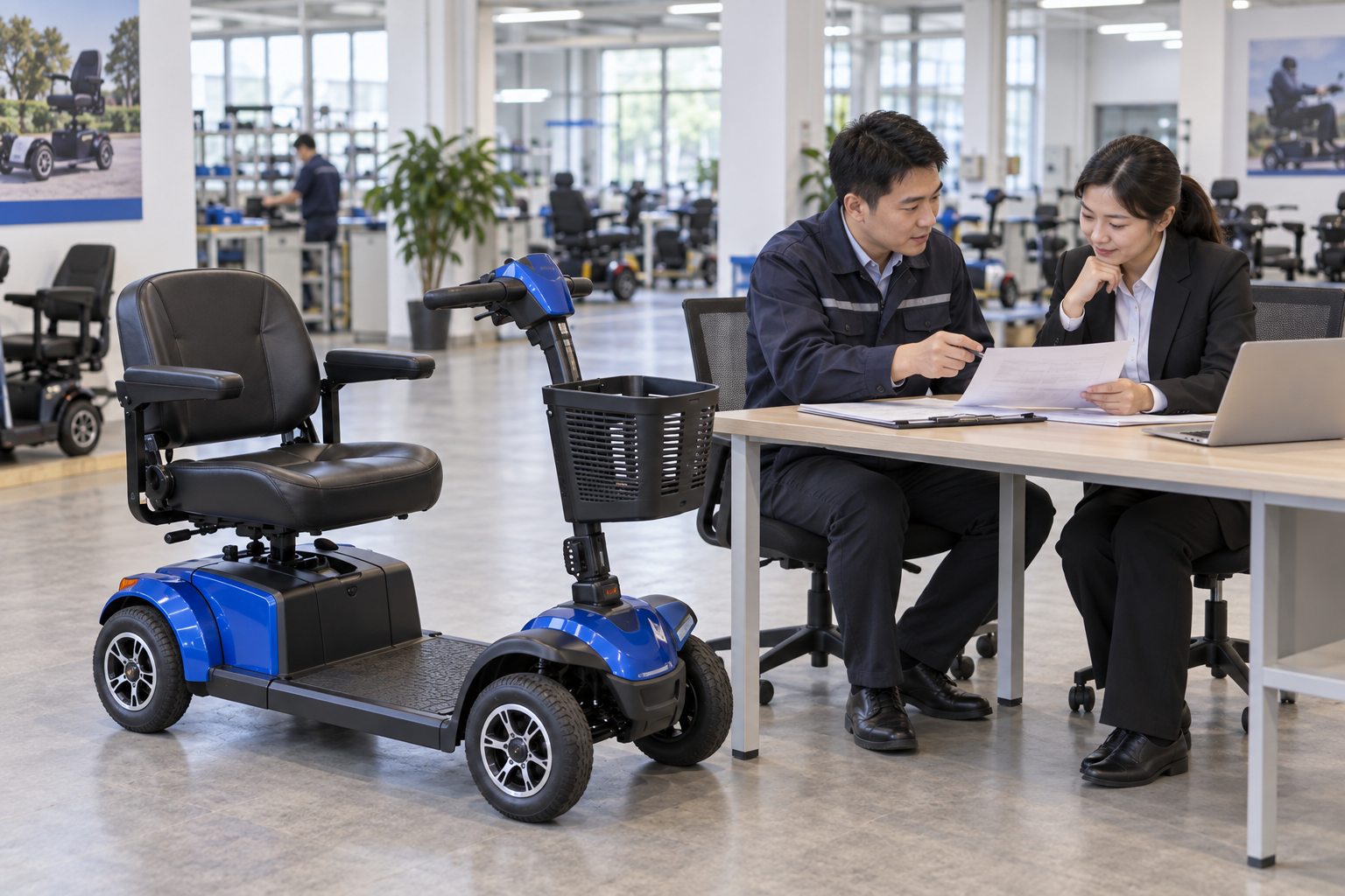 Illustrative supplier discussion beside a generic four-wheel scooter