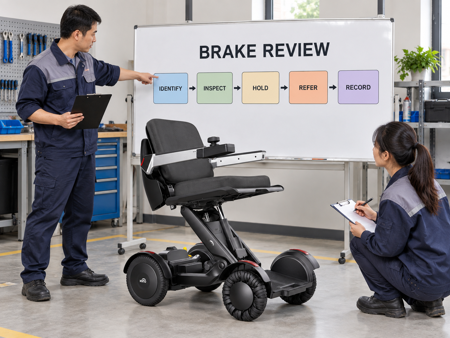 Illustrative brake-review chart covering identification, inspection, hold, referral and records