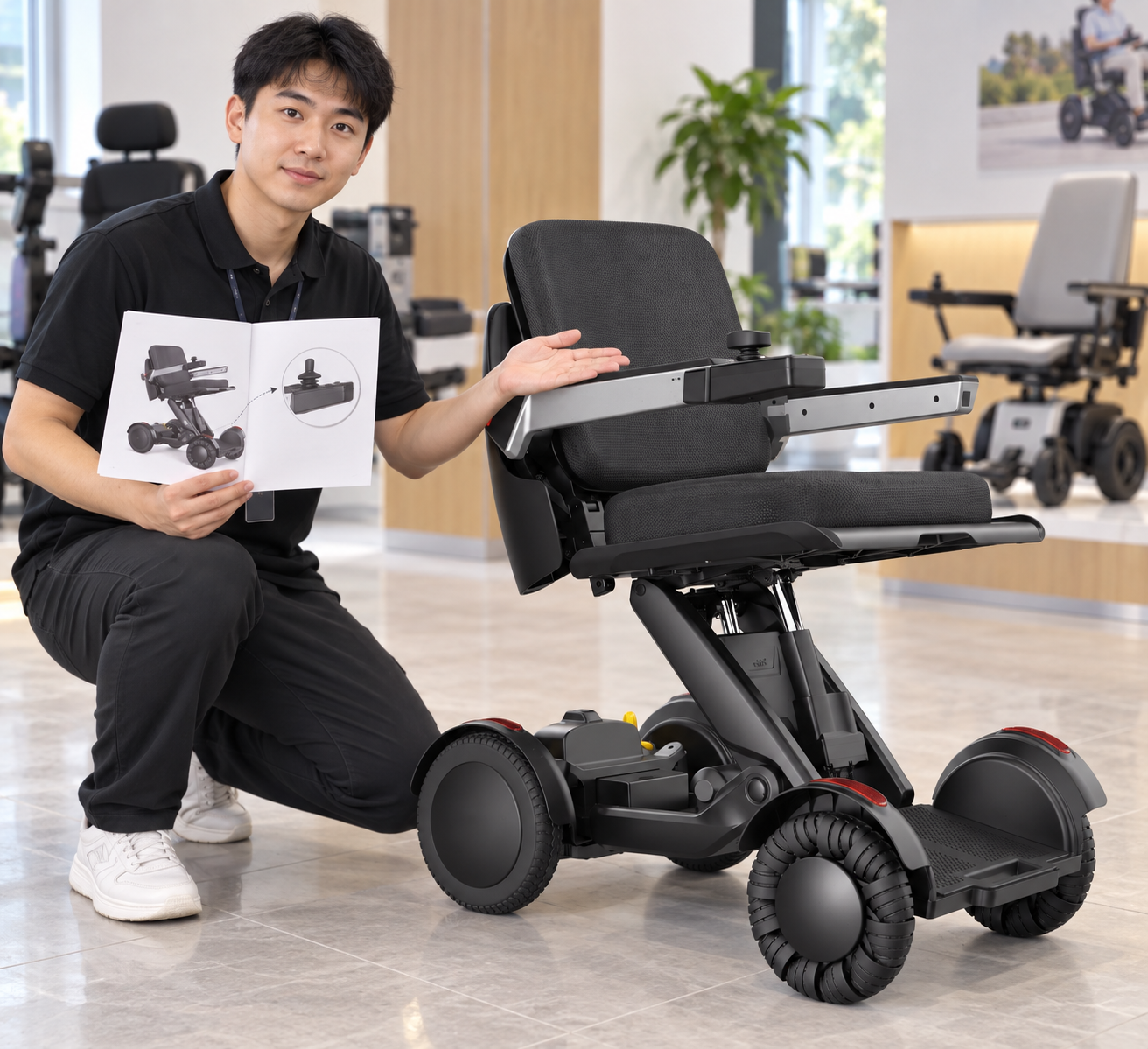 Illustrative model-instruction review beside the supplied joystick-controlled chair