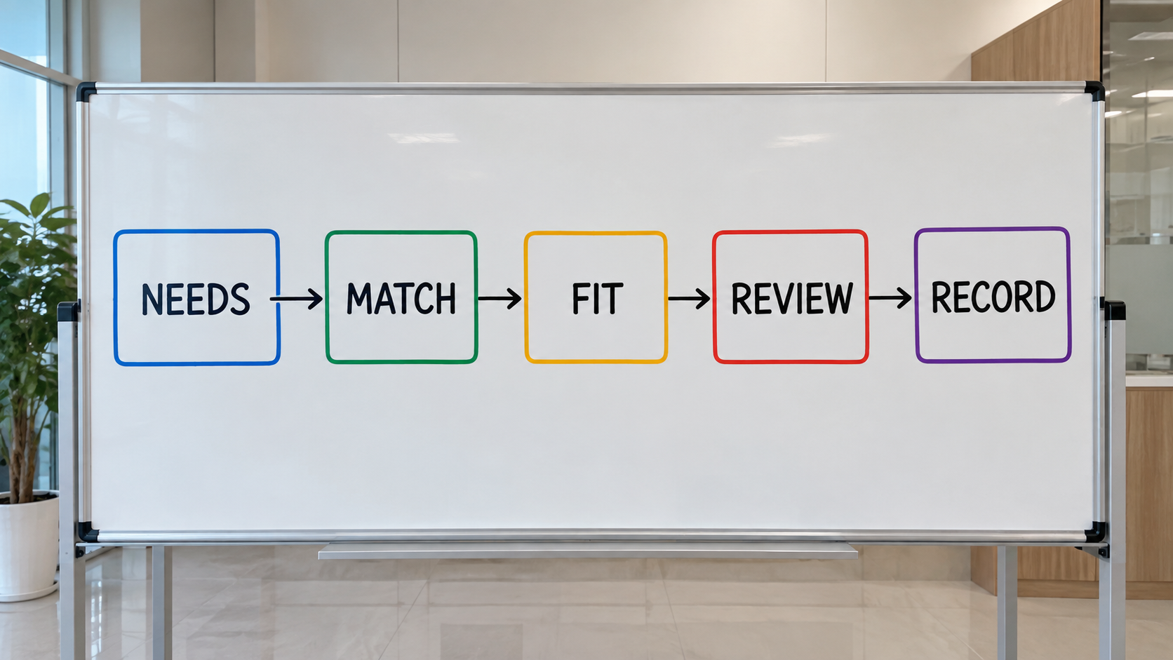 Illustrative seating review workflow from needs and match through fit, review and record