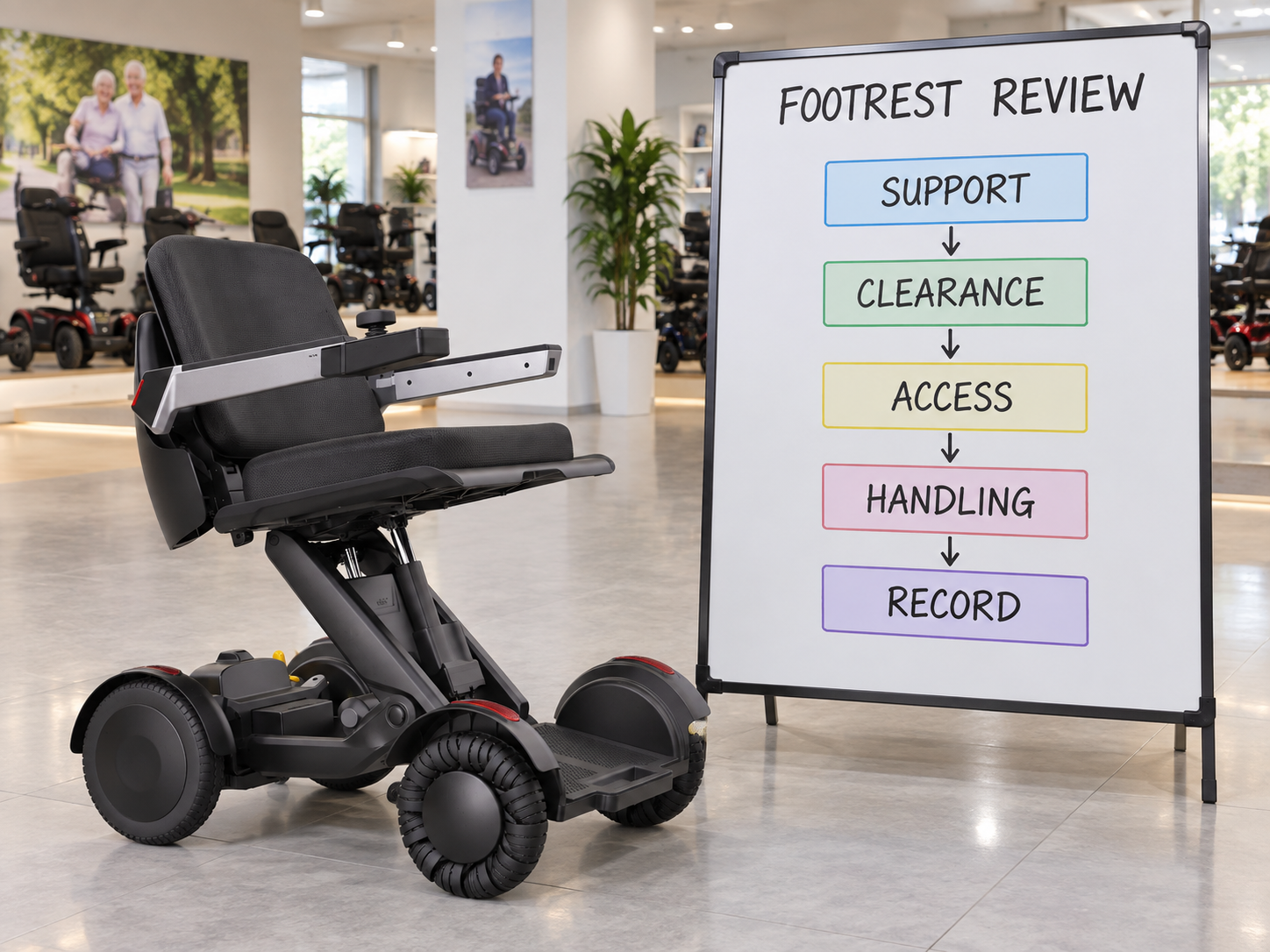 Illustrative footrest-review chart covering support, clearance, access, handling and records