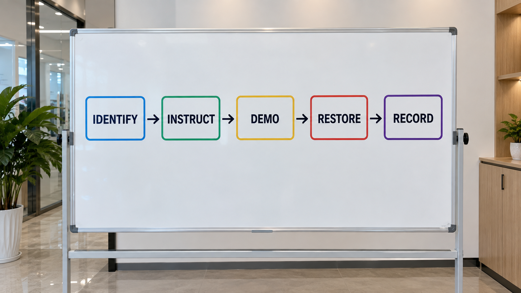Illustrative freewheel training workflow showing identify, instruct, demo, restore and record