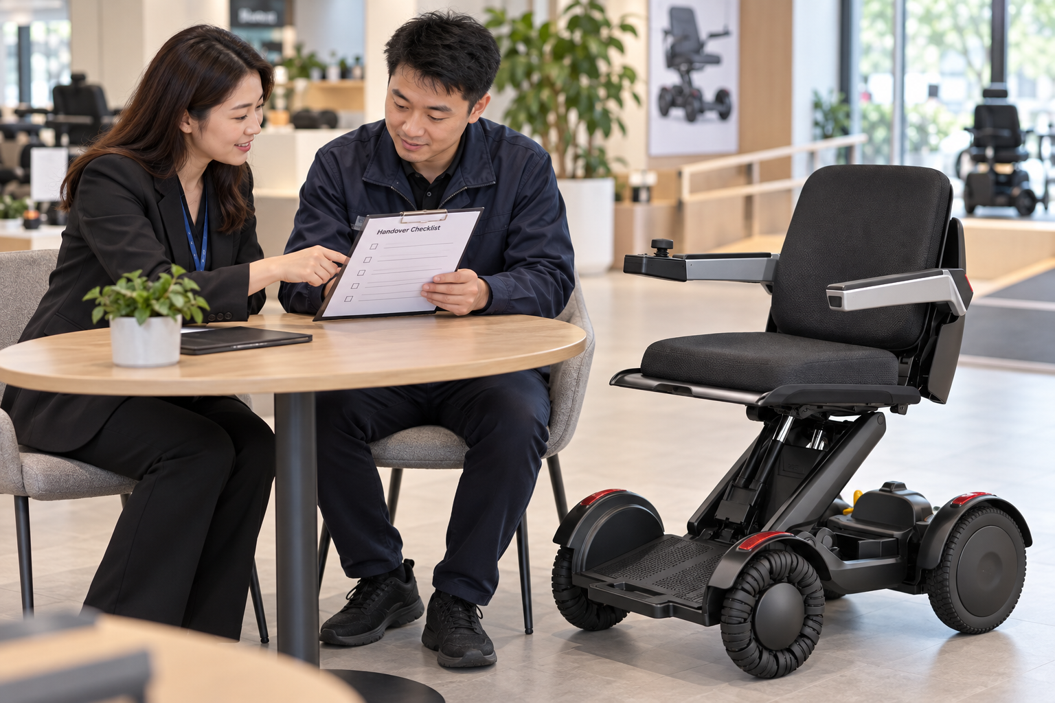 Illustrative dealer handover review beside the joystick-controlled chair