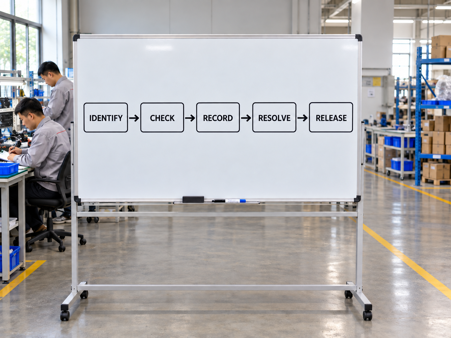 Illustrative wheelchair receiving workflow showing identify, check, record, resolve and release