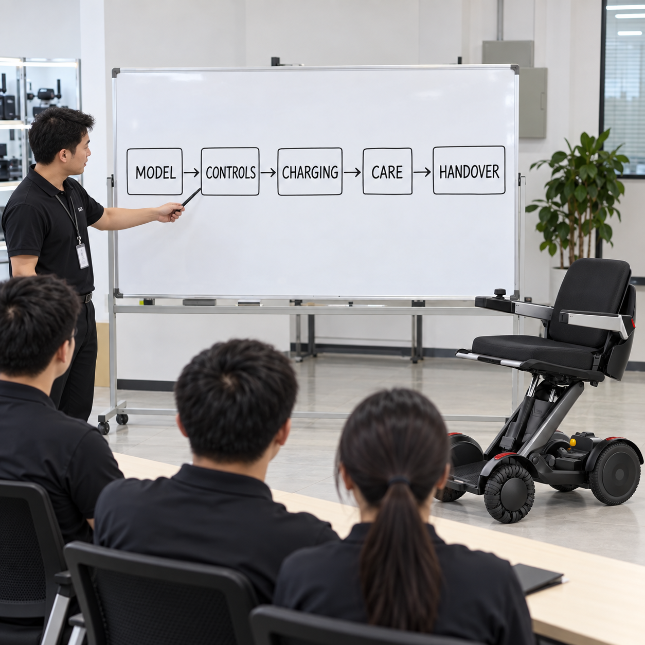 Illustrative instruction handover chart linking model, controls, charging, care and handover