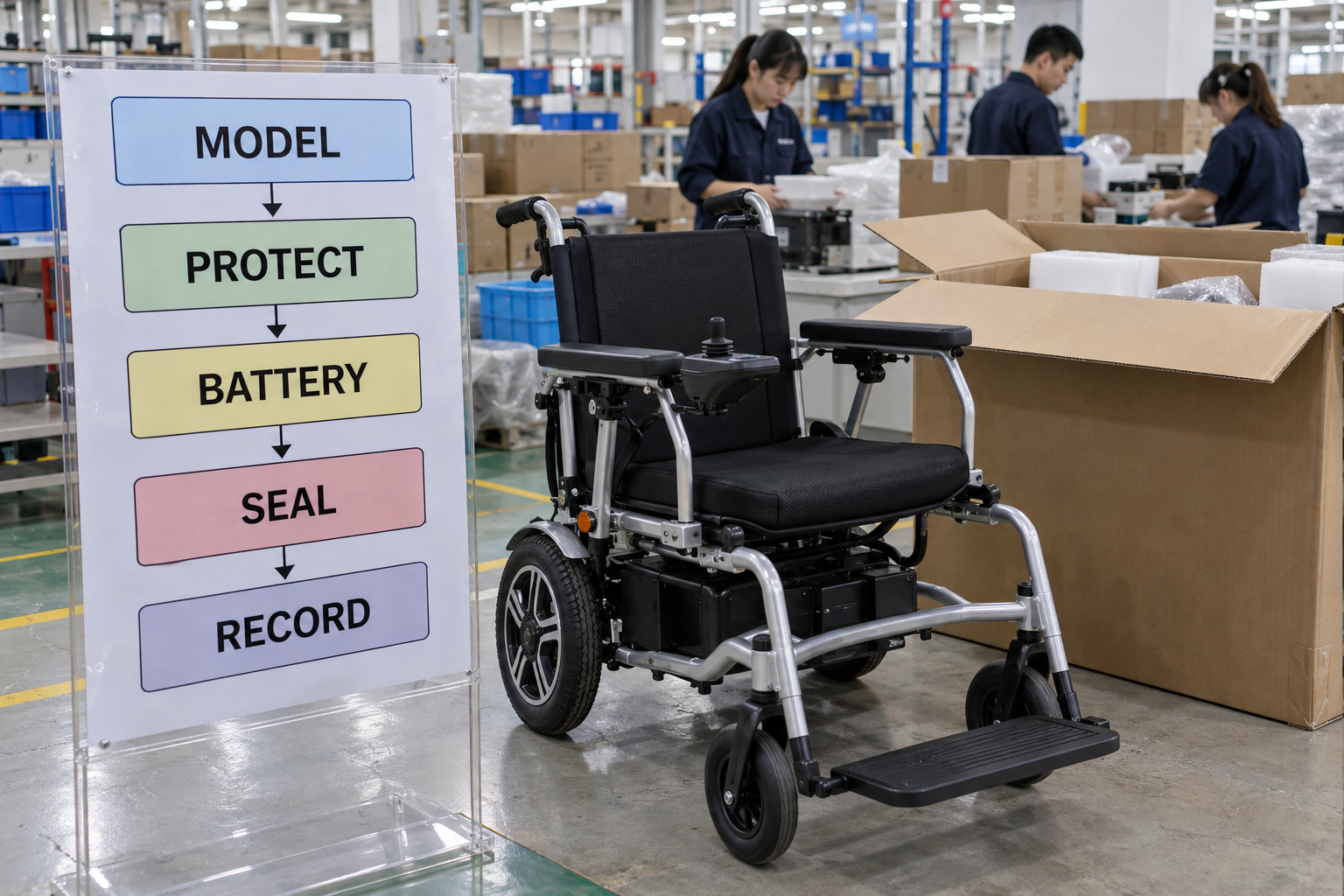 Illustrative wheelchair packaging workflow showing model, protection, battery, seal and record