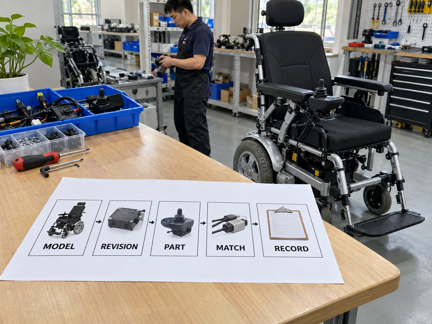 Illustrative five-step wheelchair parts matching chart for model, revision, part, match and record