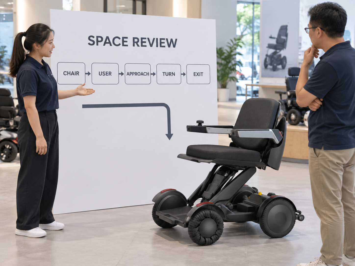 Illustrative wheelchair space-review chart covering chair, user, approach, turn and exit
