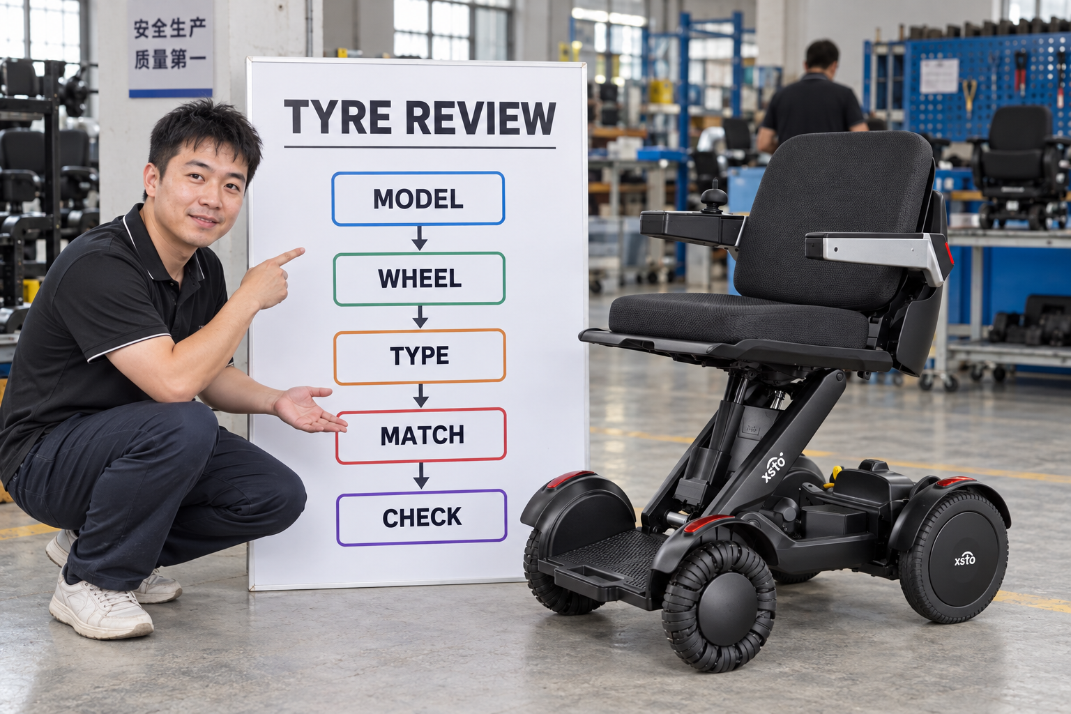 Illustrative tyre-review chart covering model, wheel, type, match and check