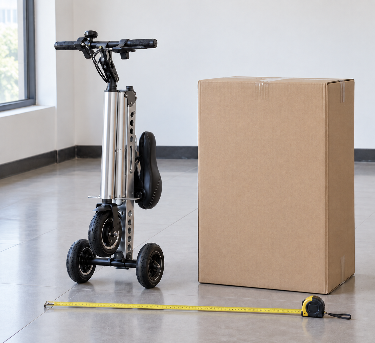 Illustrative folded scooter beside a storage carton and measuring tool