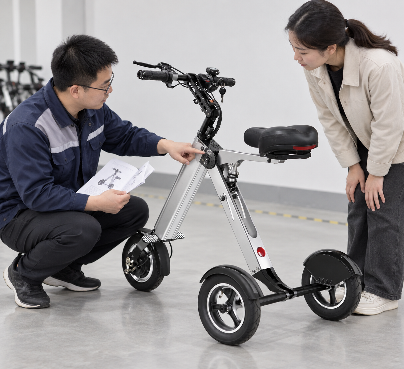 Illustrative inspection of a scooter frame and folding latch