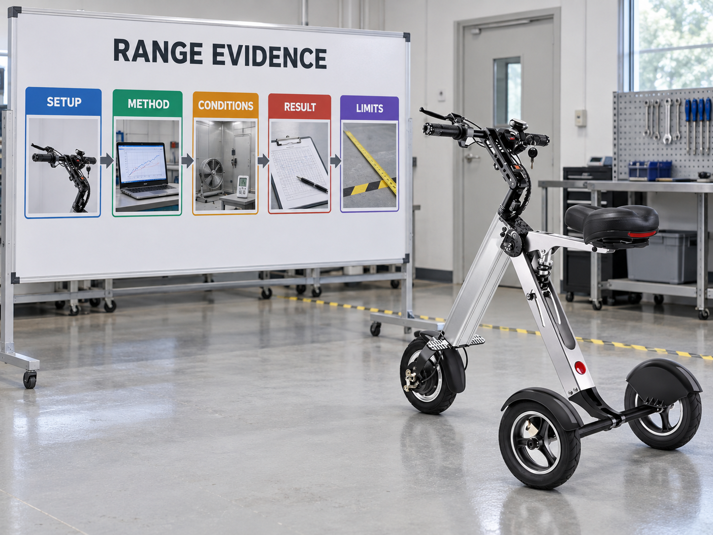 Illustrative range-evidence chart covering setup, method, conditions, result and limits