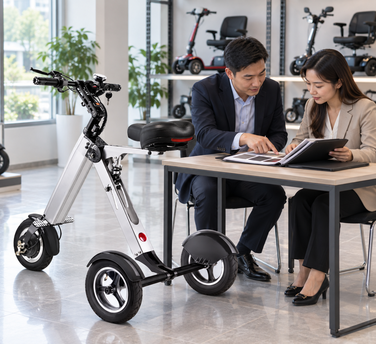 Illustrative supplier review beside a complete folding scooter