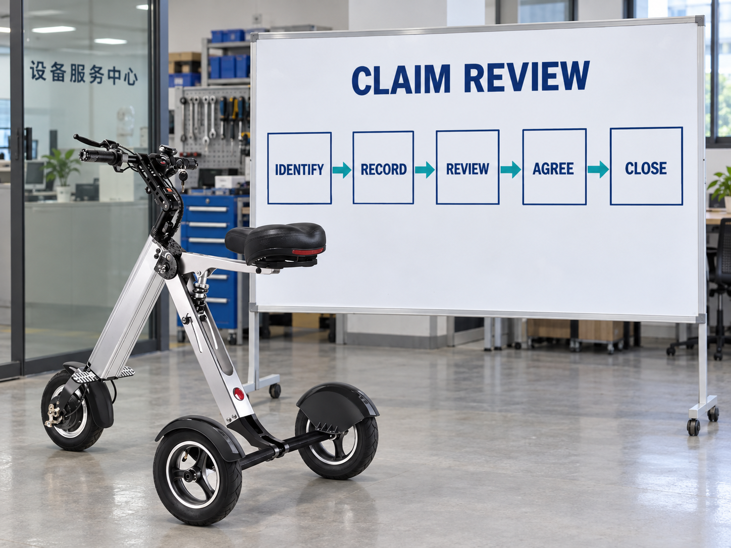 Illustrative warranty claim-review chart covering identify, record, review, agree and close