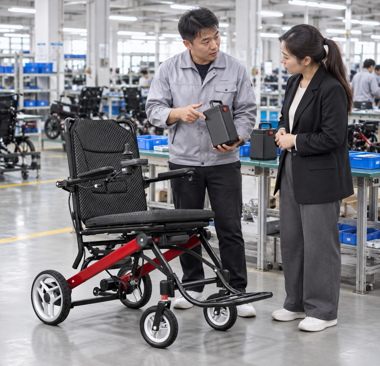 Lightweight electric wheelchair battery setup reviewed by a buyer and technician