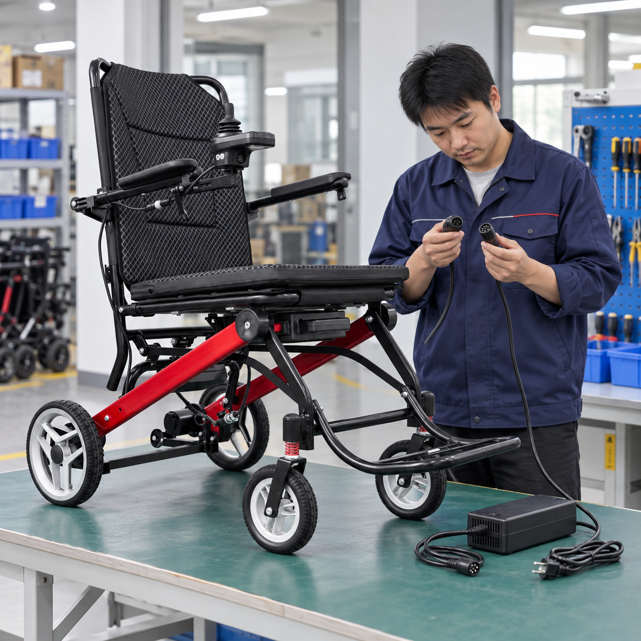 A technician checks an unplugged charger and connector identity