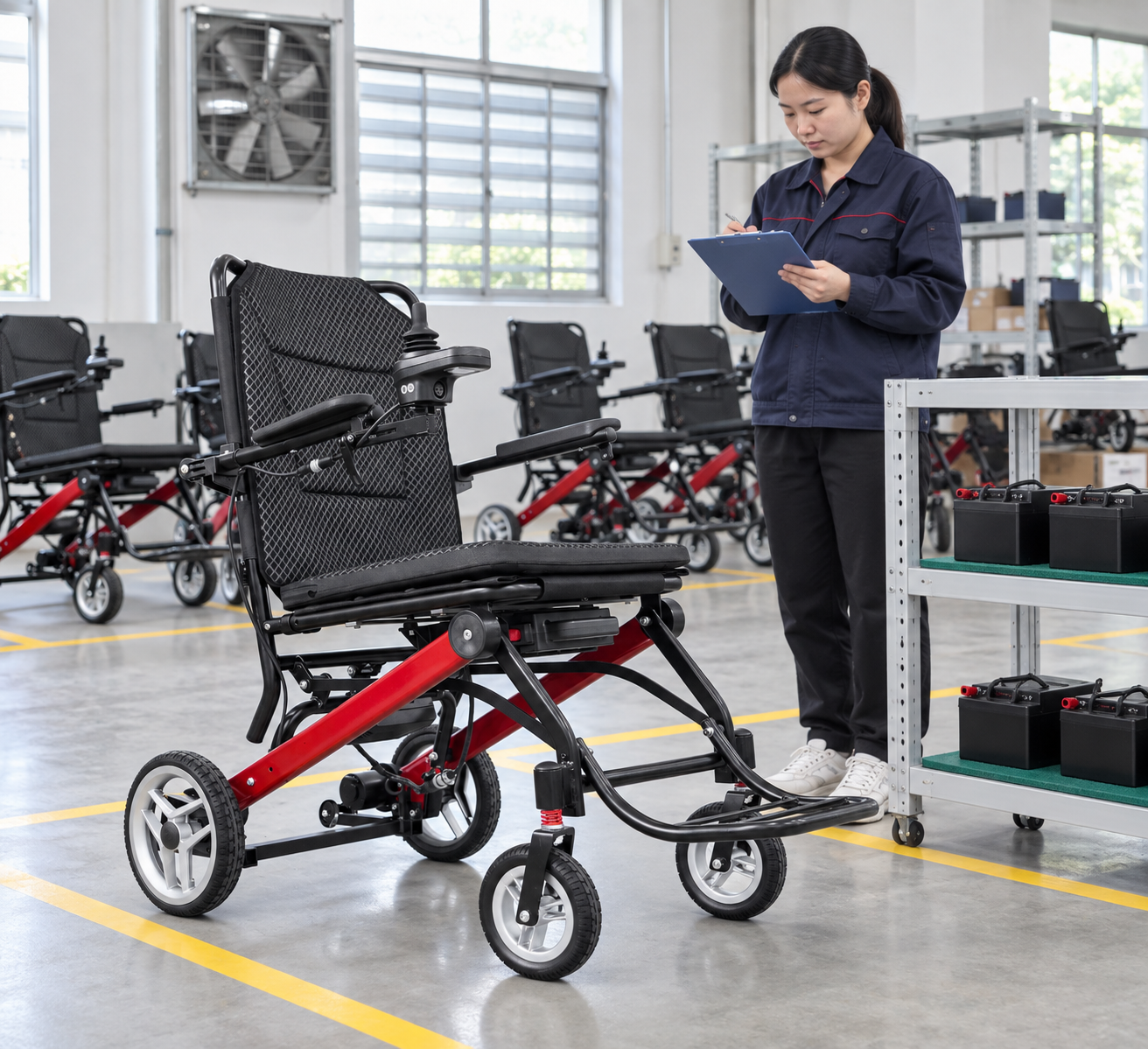Wheelchairs and enclosed battery equipment in an organized storage area
