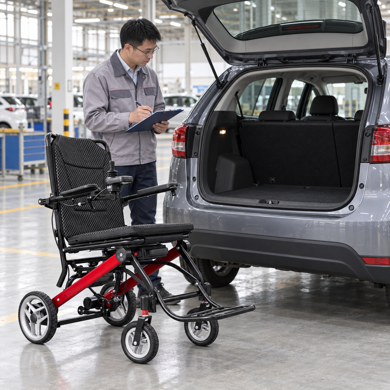 Lightweight electric wheelchair beside a car for a loading assessment
