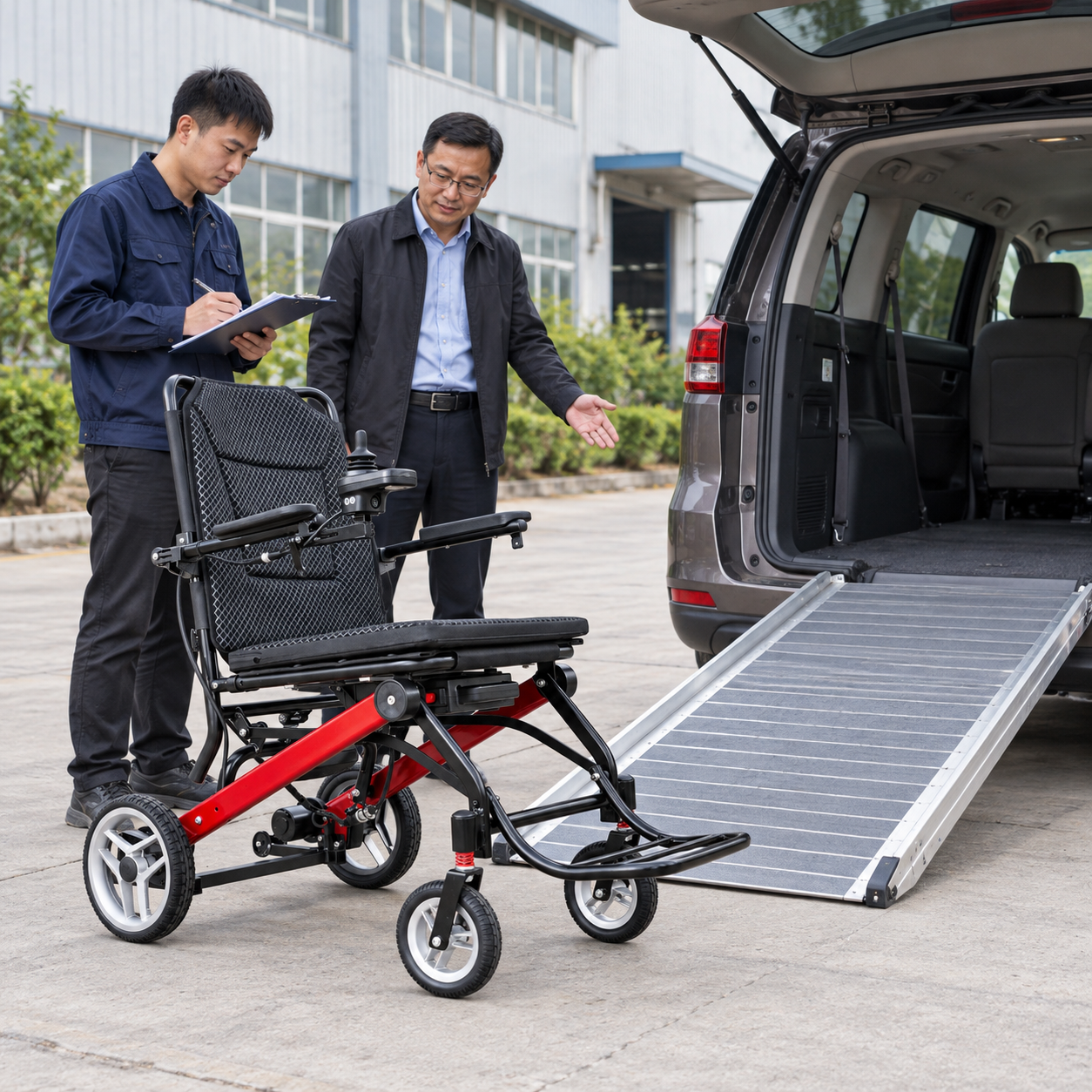 A ramp and empty wheelchair await a vehicle loading review