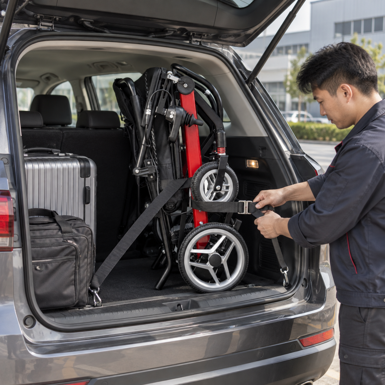 An empty folded wheelchair secured in a vehicle cargo space