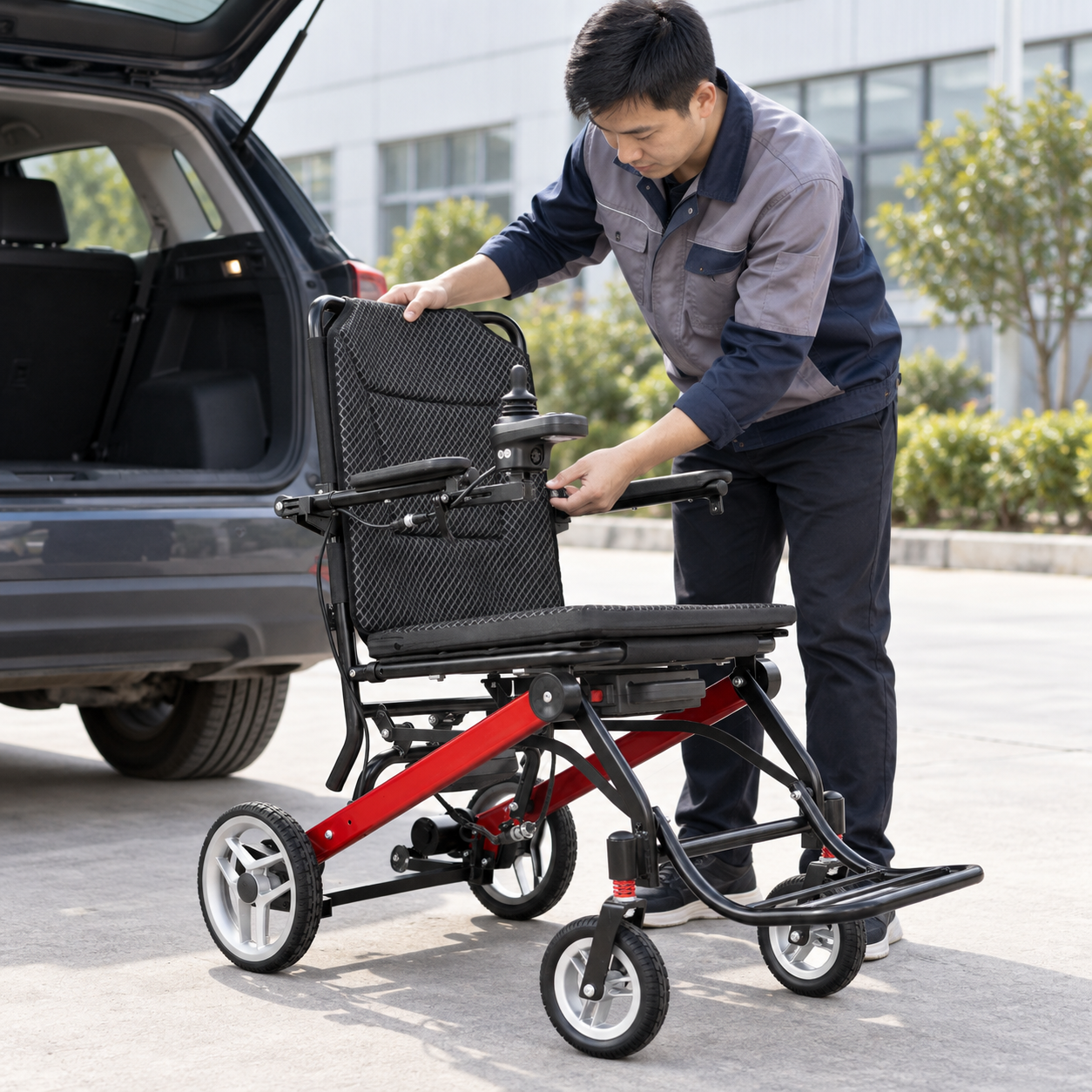Checking a wheelchair on level ground after unloading