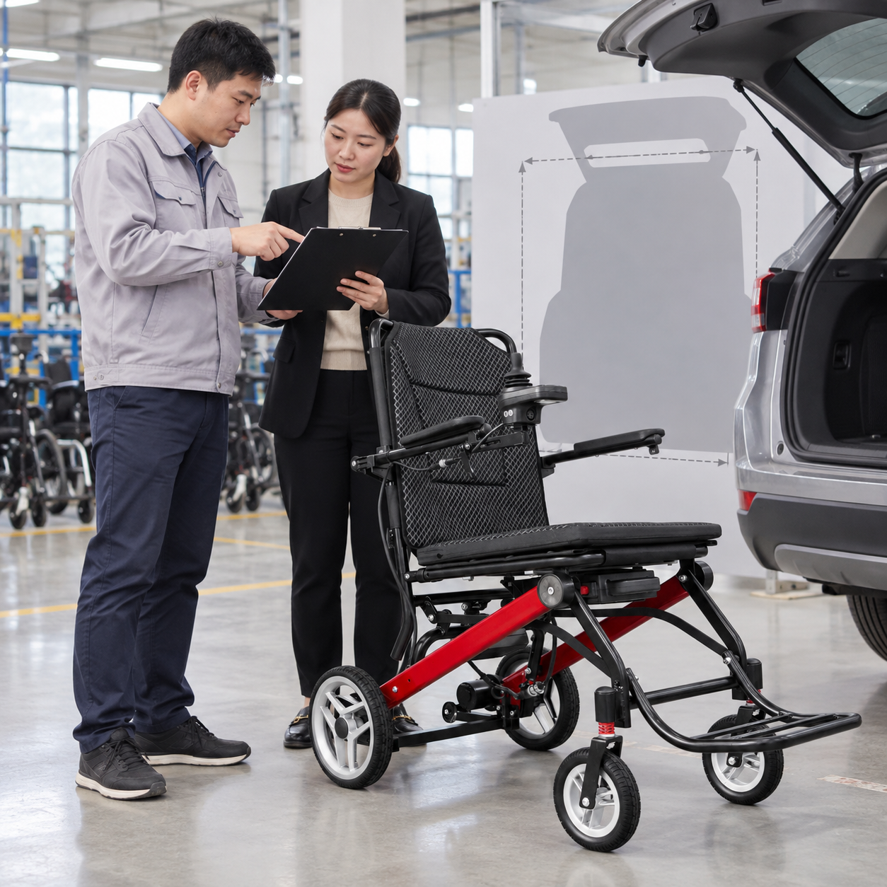 A dealer reviews vehicle fit records beside a sample wheelchair