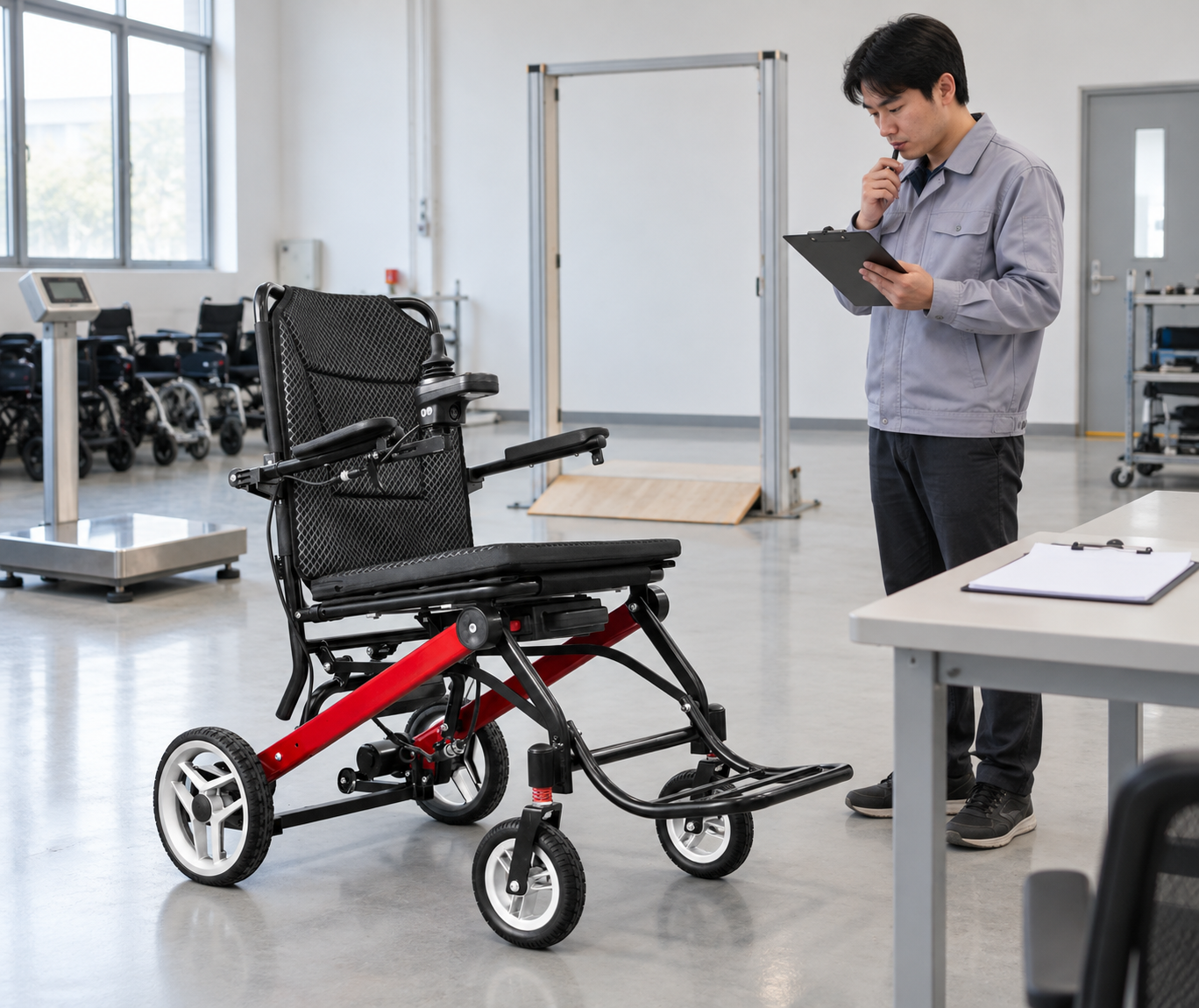 Lightweight electric wheelchair sample with measuring tools and a planned test route