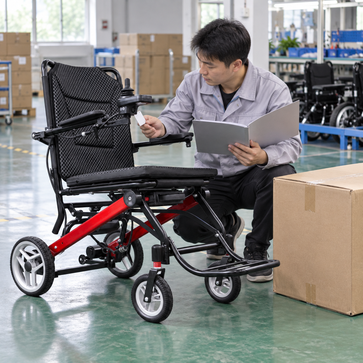 A receiving inspector compares a chair with its model record and carton