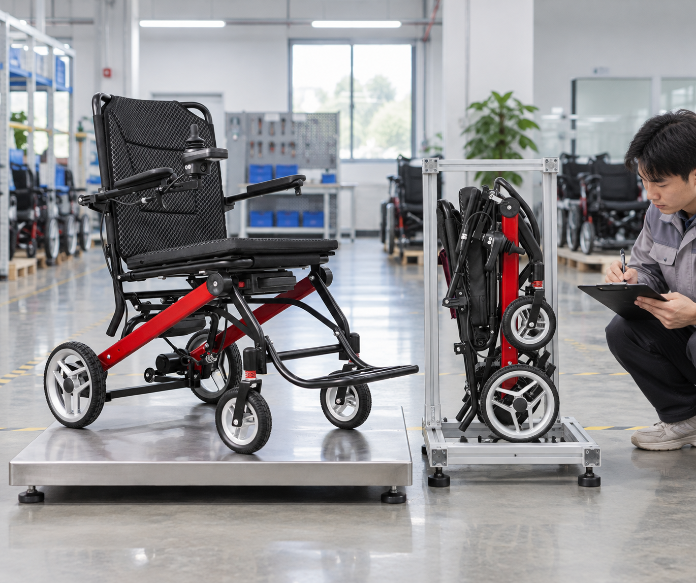 A sample wheelchair on a broad platform scale beside a measuring jig