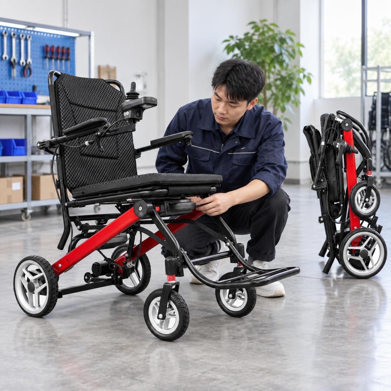 A technician checks the folding mechanism of an empty sample chair