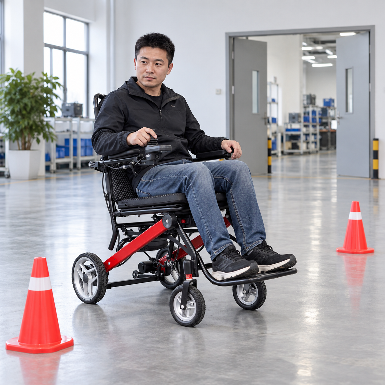 A wheelchair tester follows a clear level route through turning markers
