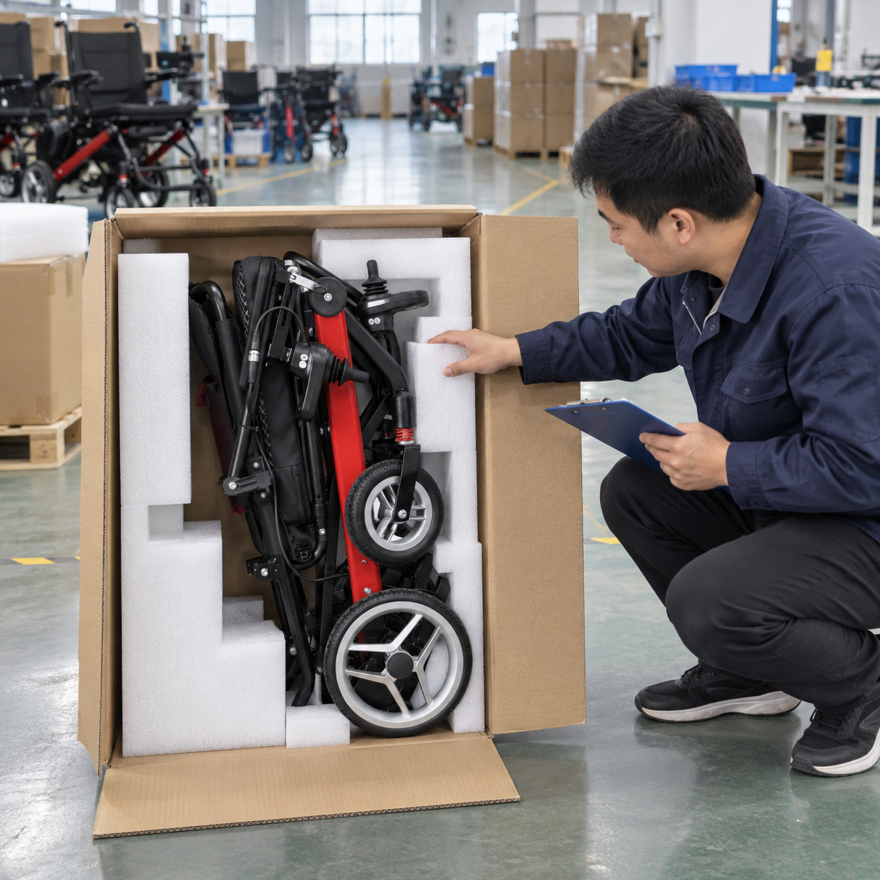 Inspecting protective supports around a folded chair in its shipping carton