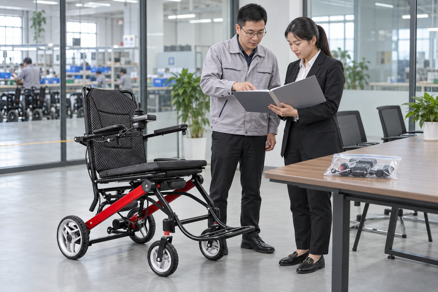 A buyer and quality manager review an approved sample folder
