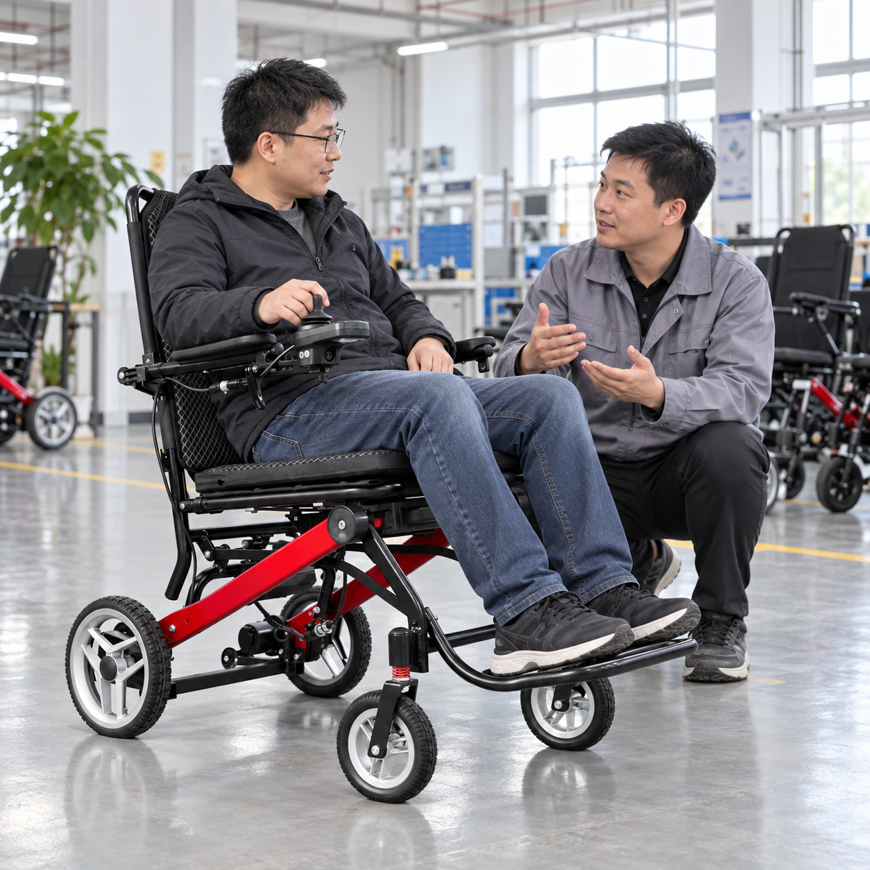 Lightweight electric wheelchair user and product specialist discussing daily seating needs