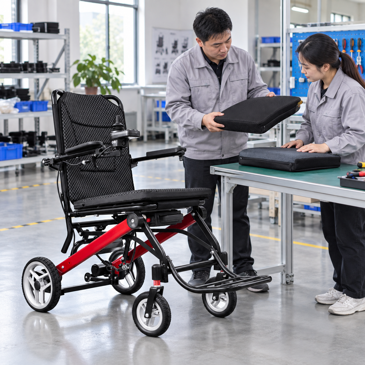 Cushion samples beside a wheelchair during a configuration review