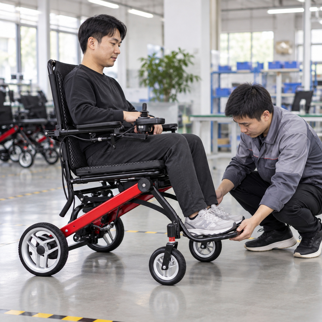 A fitting demonstration checks foot support and seated posture