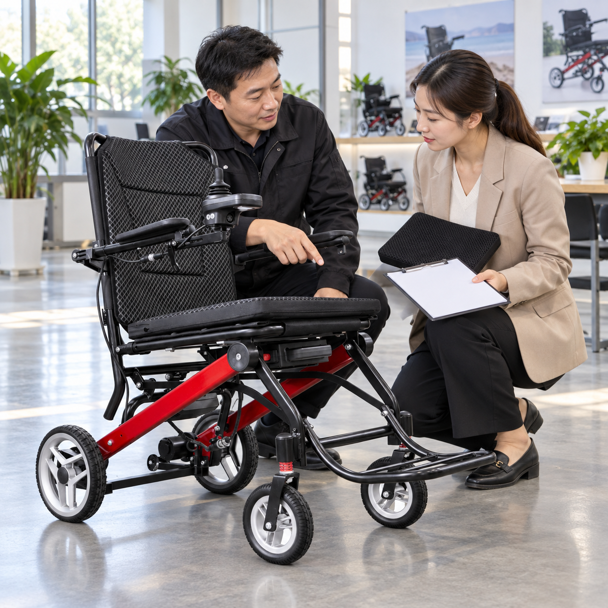 A dealer and specialist review fitting records beside a sample chair