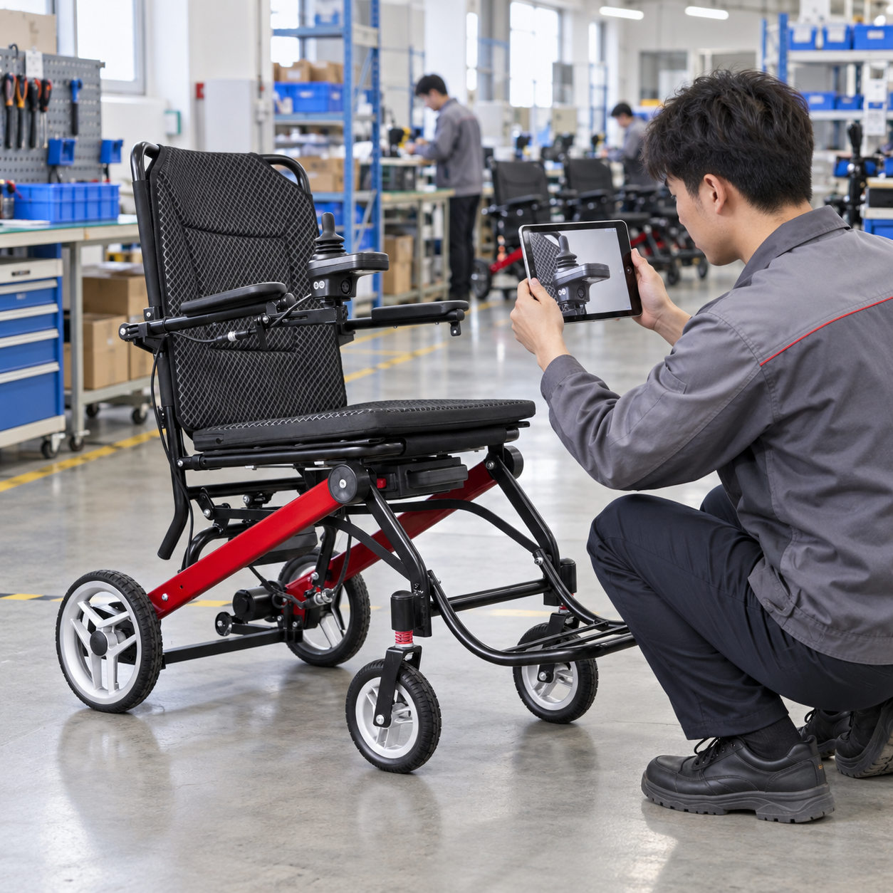 A technician photographs a wheelchair component for a service report