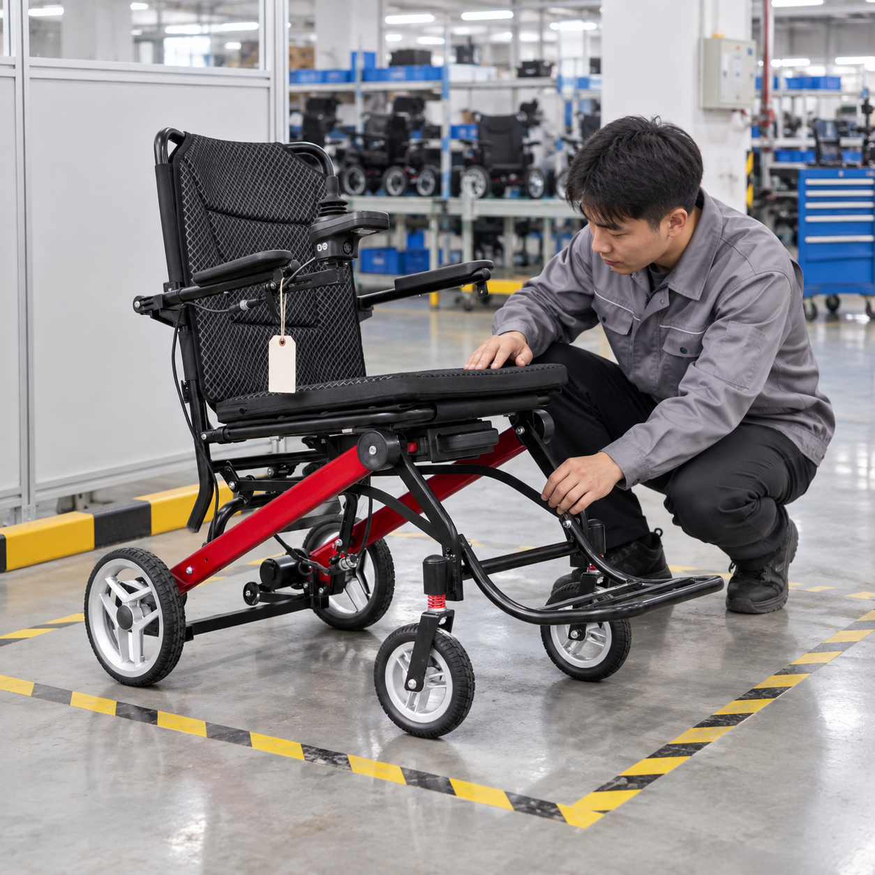 An empty wheelchair separated for service review with a visible status tag
