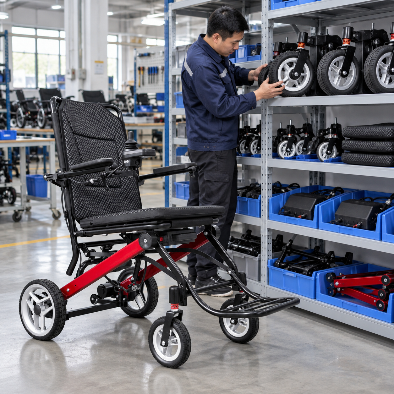 An organized service shelf holds identified wheelchair replacement components