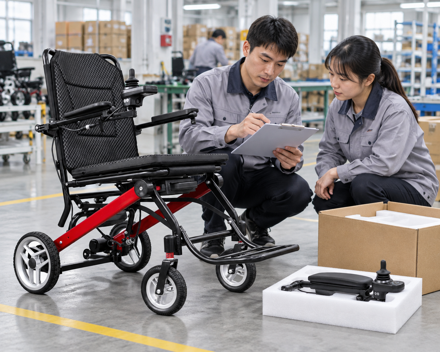 Service and quality colleagues review issue records beside a wheelchair