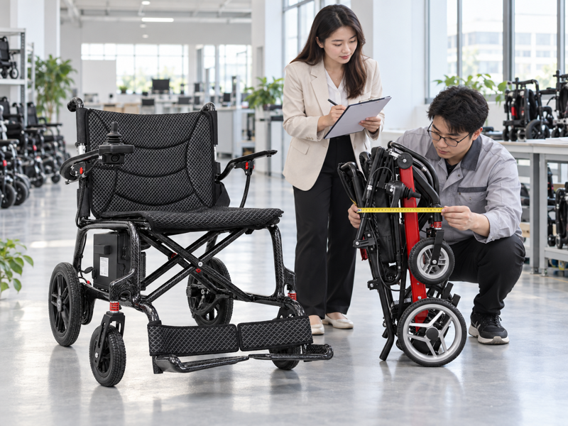Lightweight electric wheelchair fit comparison with open and folded models in a factory showroom