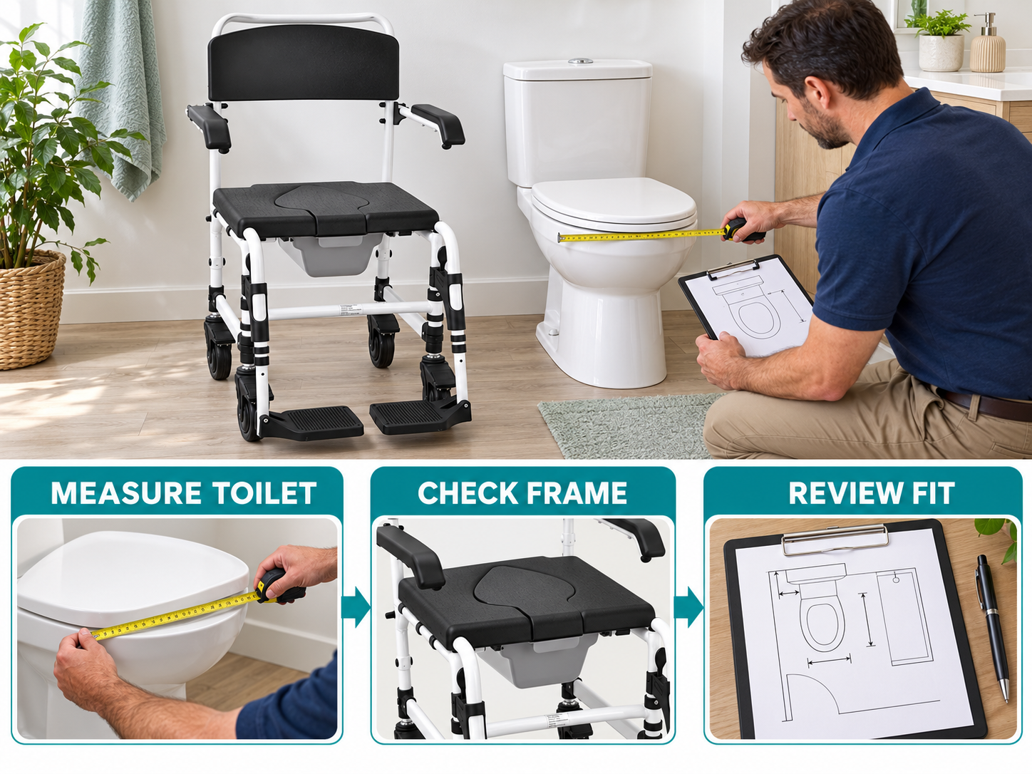Illustrative commode chair toilet clearance workflow chart with photographic steps; no test results