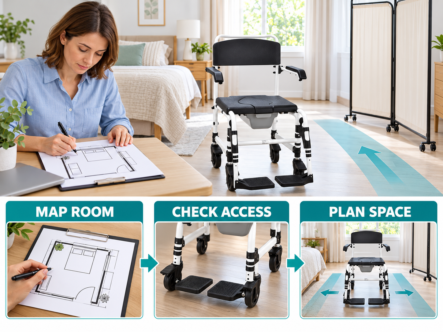 Illustrative commode chair room layout workflow chart with photographic steps; no test results