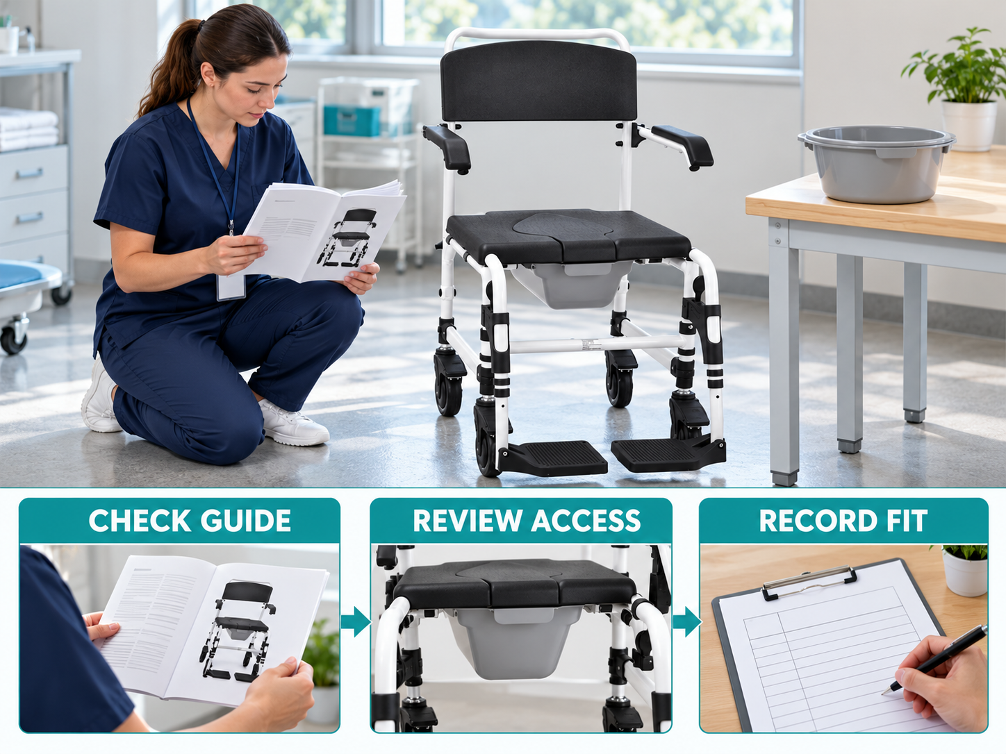 Illustrative commode chair bucket removal workflow chart with photographic steps; no test results